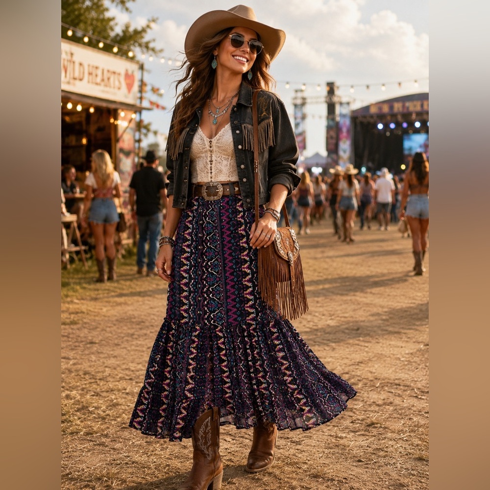 NWT Knox Rose Pleated Maxi Skirt XS High Rise Tiered Boho Southwestern Print XS